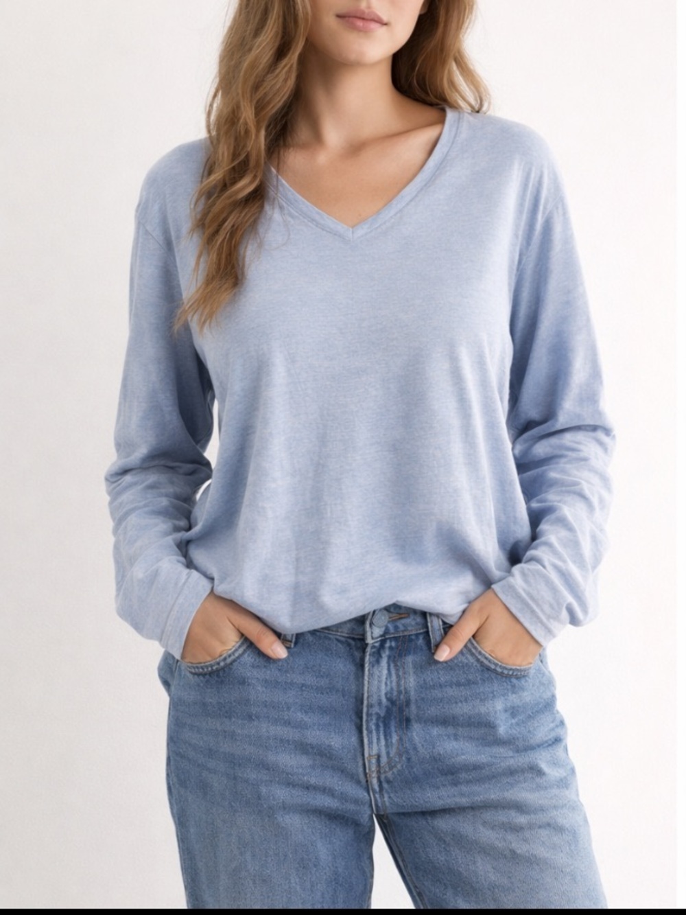 Guess LA Long Sleeve Tee L Blue Washed Slouchy V Neck Triangle Logo Y2K Unisex